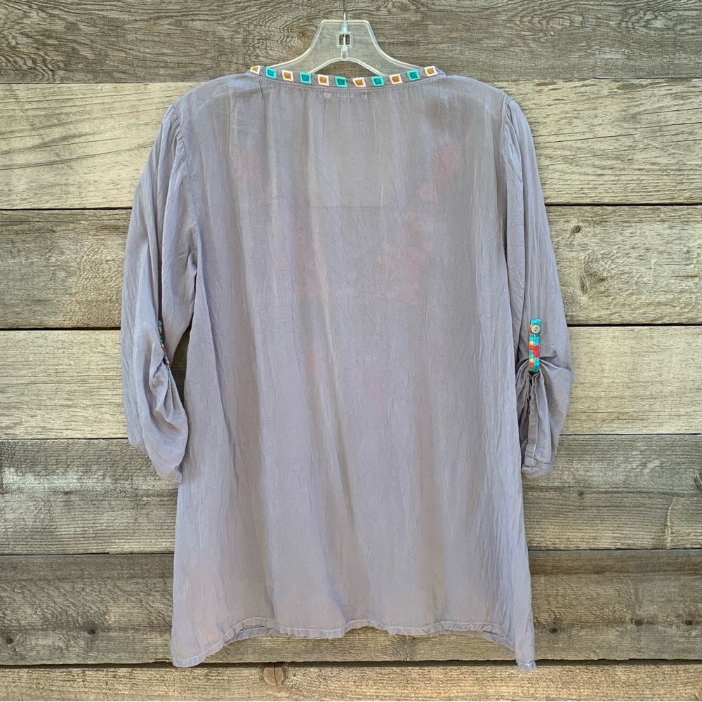 Johnny Was Blouse Womens S Boho Embroidered Short Sleeve Vneck Gray Multicolor - Picture 2 of 16